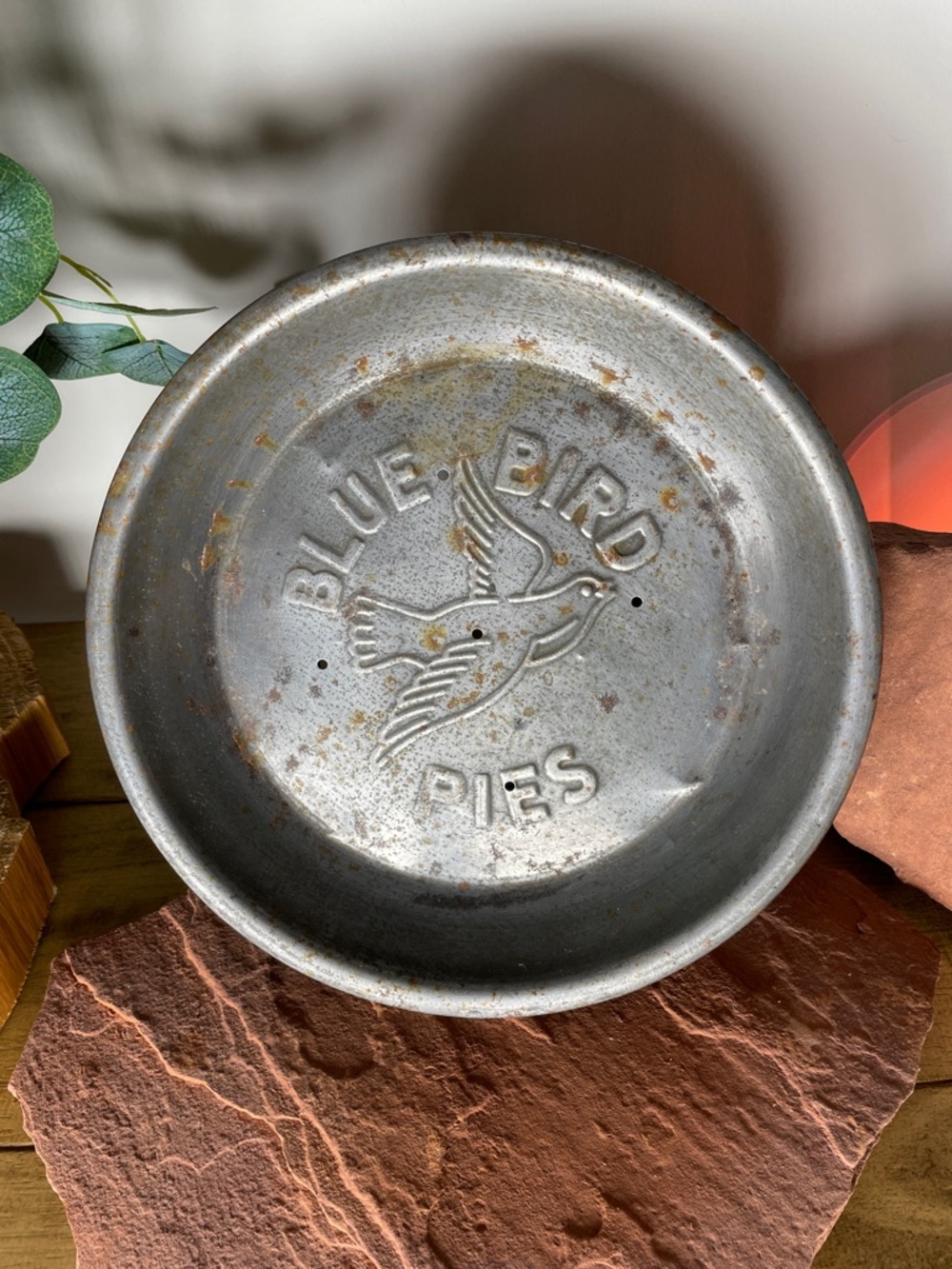 Blue Bird Gray Embossed Metal Pie Pan with Flying Bird Logo